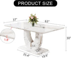 JUFU 63" Faux Marble Dining Table for 4-6 People, Modern Rectangular Kitchen & Dining Room Table, White Marble-Look MDF Tabletop with U-Shaped Pedestal Base, Easy Assembly Dining Table