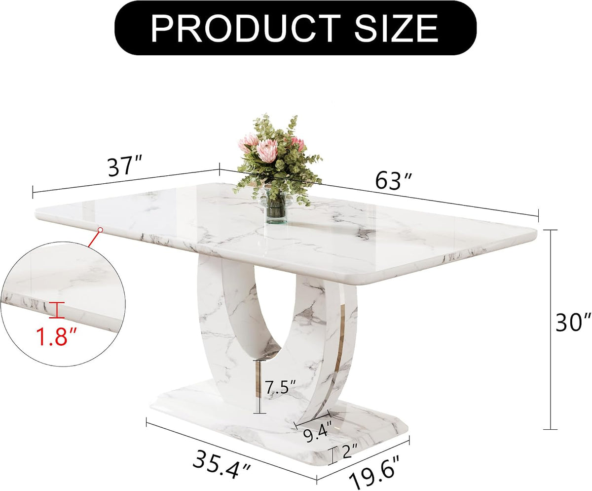 JUFU 63" Faux Marble Dining Table for 4-6 People, Modern Rectangular Kitchen & Dining Room Table, White Marble-Look MDF Tabletop with U-Shaped Pedestal Base, Easy Assembly Dining Table