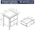 Grain Wood Furniture Greenport 2-Drawer Bedroom Nightstand, Solid Wood with Brushed Hickory Finish