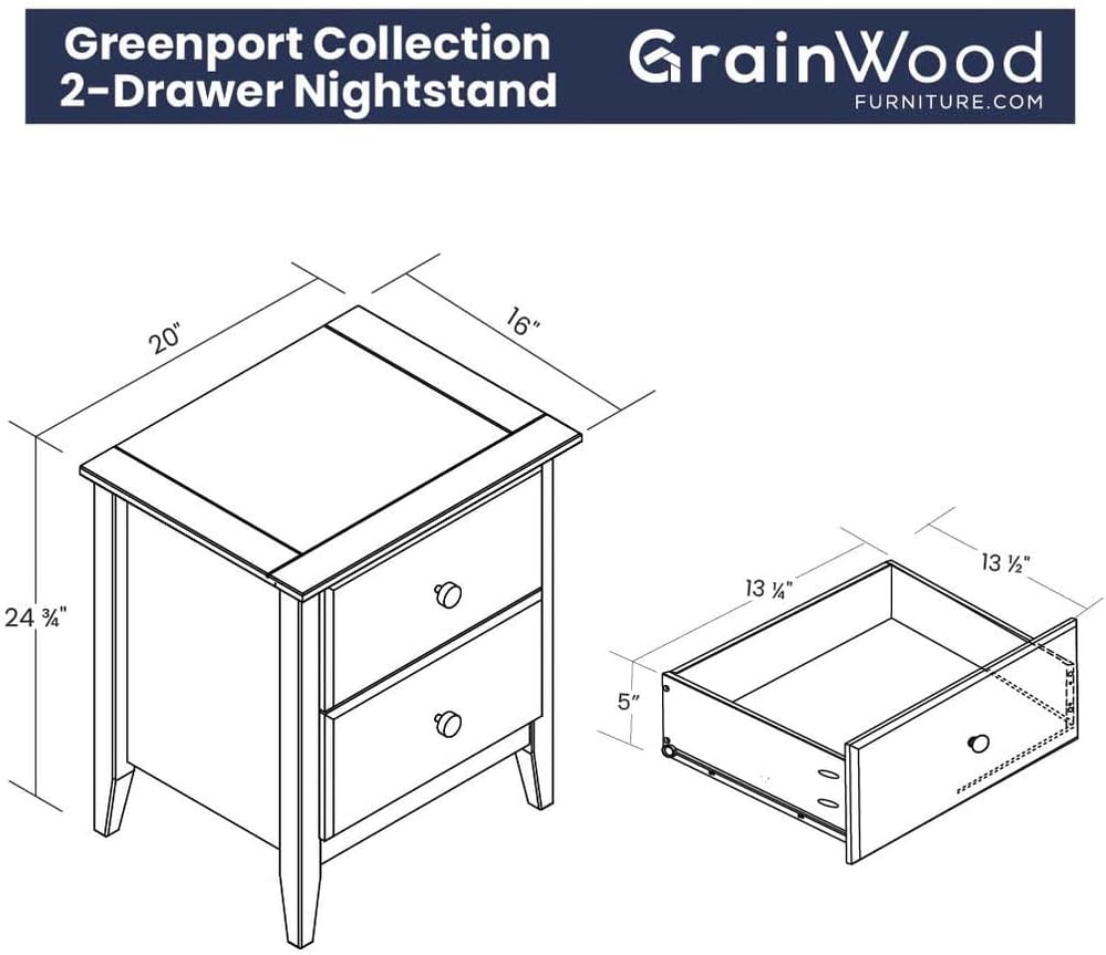 Grain Wood Furniture Greenport 2-Drawer Bedroom Nightstand, Solid Wood with Brushed Hickory Finish
