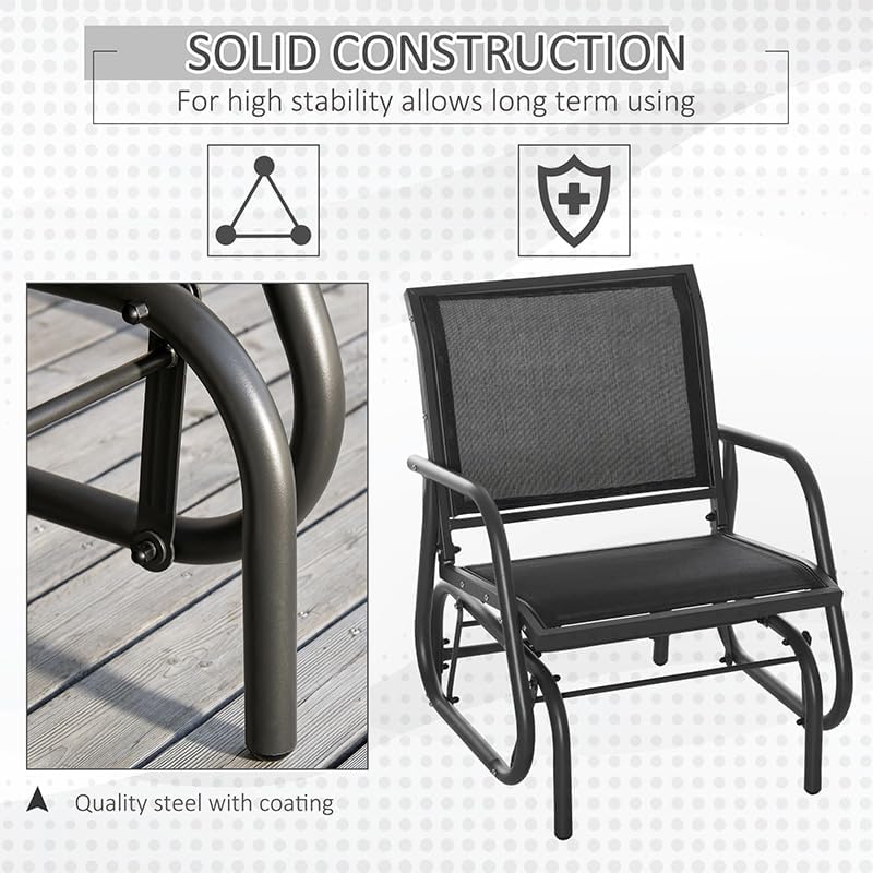 Outsunny Porch Glider Set of 2 Steel Frame Black | Swing Glider Chair, Breathable Mesh Fabric, Curved Armrests, for Garden, Poolside, Backyard, Balcony