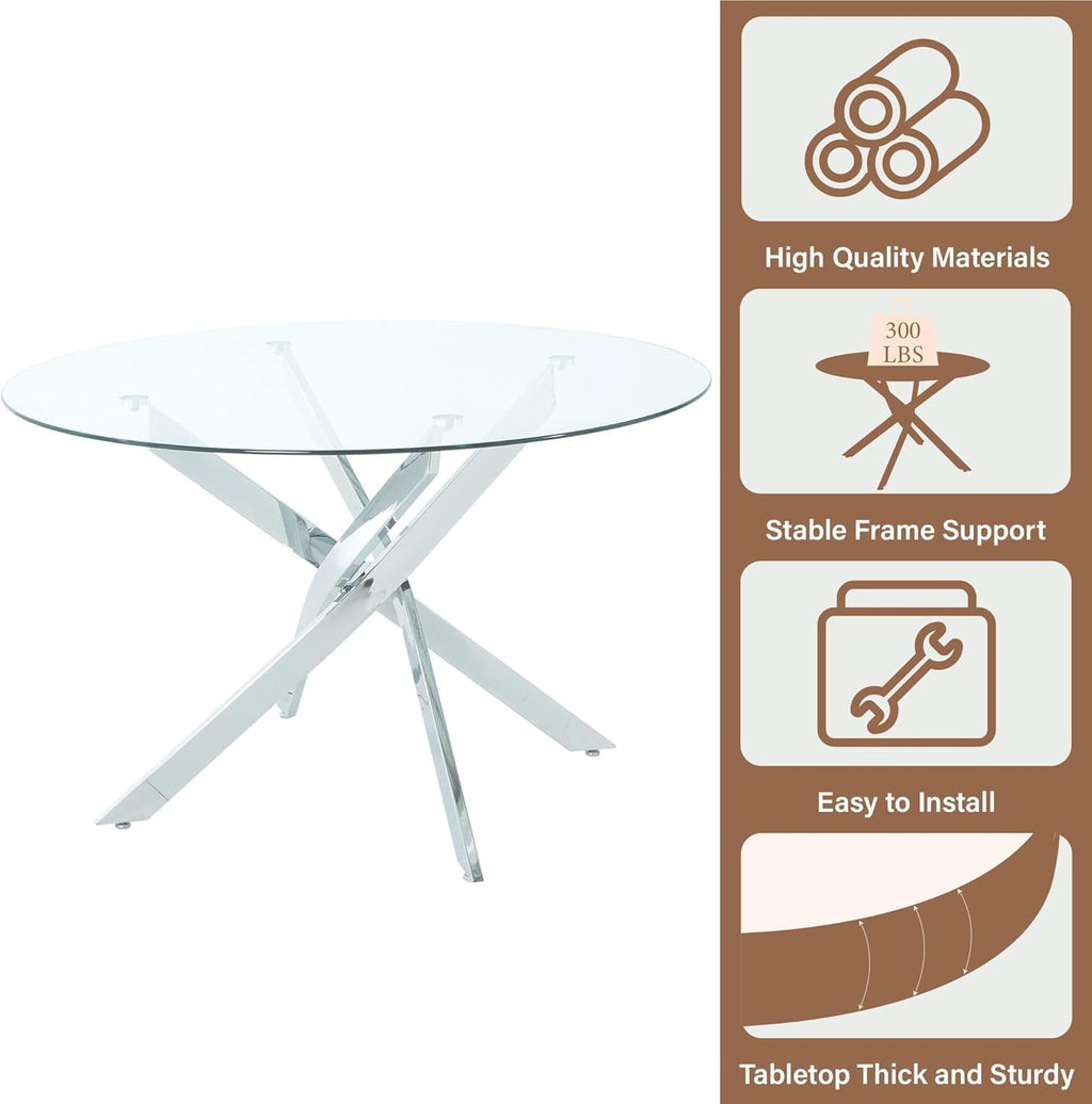 5-Piece Round Dining Table Set for 4, 47" Small Circle Tempered Glass Kitchen Table Set with Chrome Silver Leg, Upholstered Chair Side Chair for Dining Room Apartment Home, White