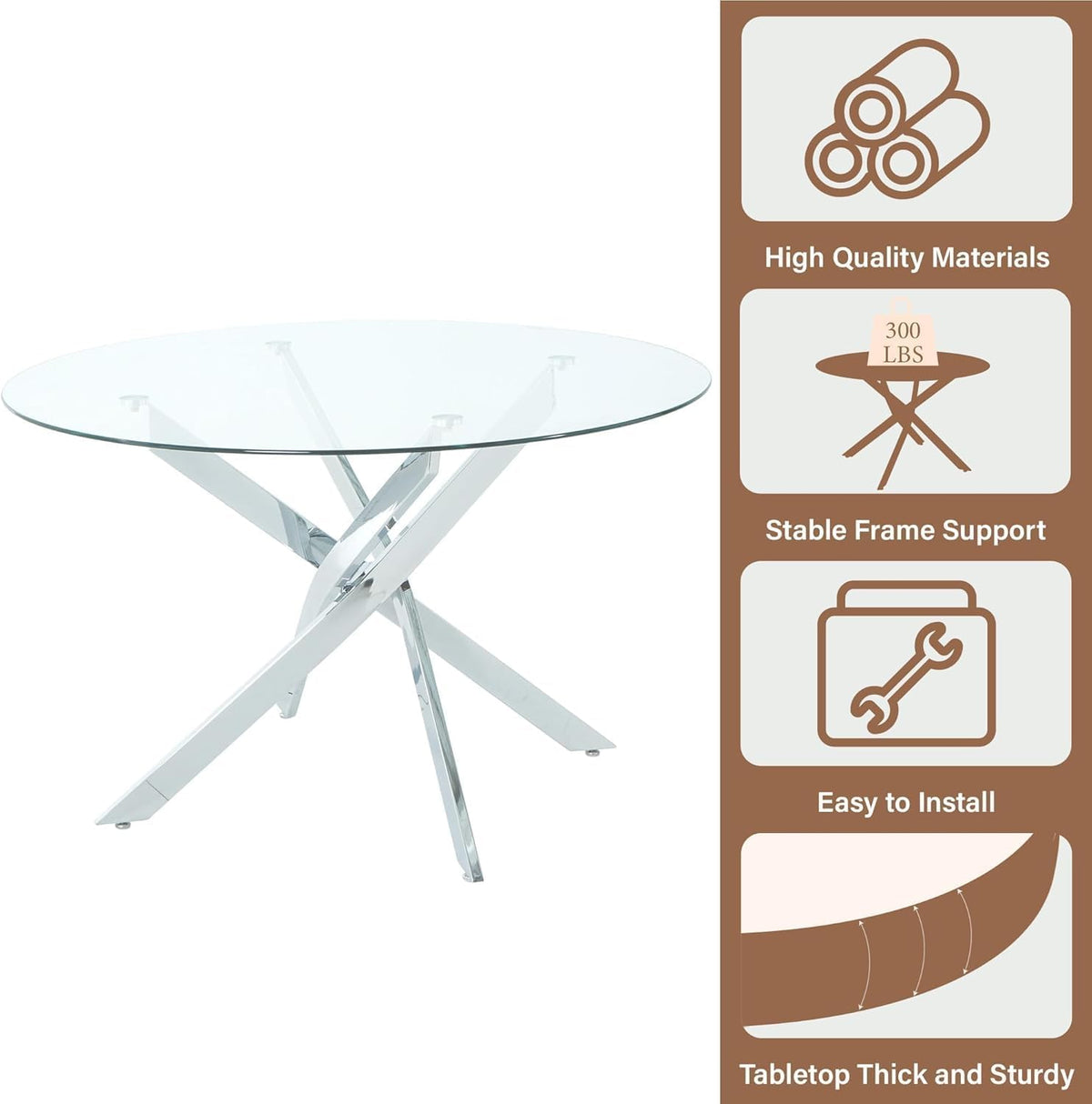 5-Piece Round Dining Table Set for 4, 47" Small Circle Tempered Glass Kitchen Table Set with Chrome Silver Leg, Upholstered Chair Side Chair for Dining Room Apartment Home, White
