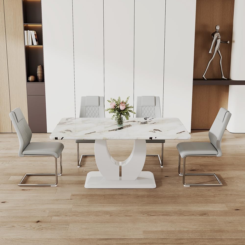 JUFU Dining Table Set for 6 with Chairs PU Upholstered, 63'' White Faux Marble Dining Room Table and Chairs, Modern Dining Room Table and Chairs Set of 6, Rectangle Dinner Table Set for Dining Room