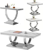 SSLine Modern 4 Piece Living Room Table Set, Includes 1 Coffee Table & 2 End Tables & 1 Console Table, Luxury Faux Marble Coffee Table Set with O-Shape Stainless Steel Base,White Marble& Silver
