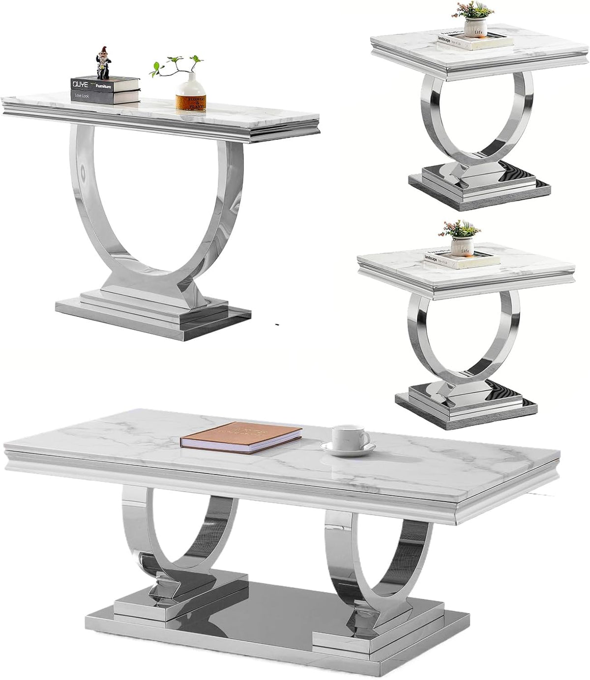 SSLine Modern 4 Piece Living Room Table Set, Includes 1 Coffee Table & 2 End Tables & 1 Console Table, Luxury Faux Marble Coffee Table Set with O-Shape Stainless Steel Base,White Marble& Silver