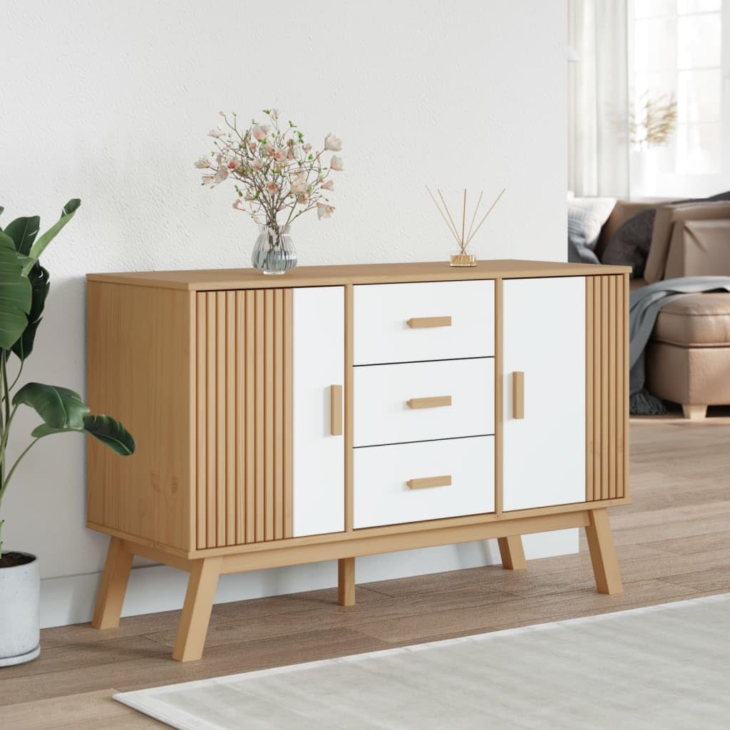 White and Brown Solid Pine Wood Sideboard with Multiple Drawers and Doors for Dining Room Living Room Hallway Storage Modern Scandinavian Design Furniture