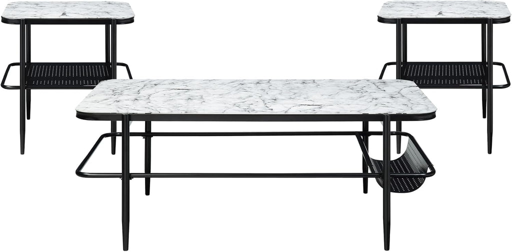 3pc Occasional Table Set with Tempered Glass and Metal Base | Includes 1 coffee table and 2 end tables with white marble print tempered glass tops