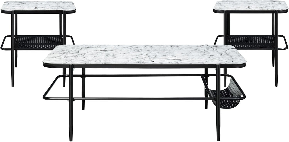 3pc Occasional Table Set with Tempered Glass and Metal Base | Includes 1 coffee table and 2 end tables with white marble print tempered glass tops