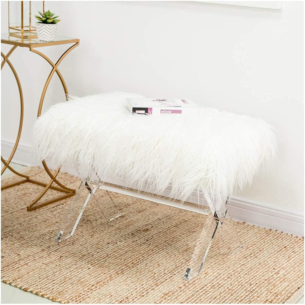 Glitzhome Ottoman Bench, White Faux Fur Ottoman Foot Rest, 25.5" L Modern Vanity Stool Chair with Acrylic Legs for Living Room Bedroom Entryway Makeup Bench End of Bed