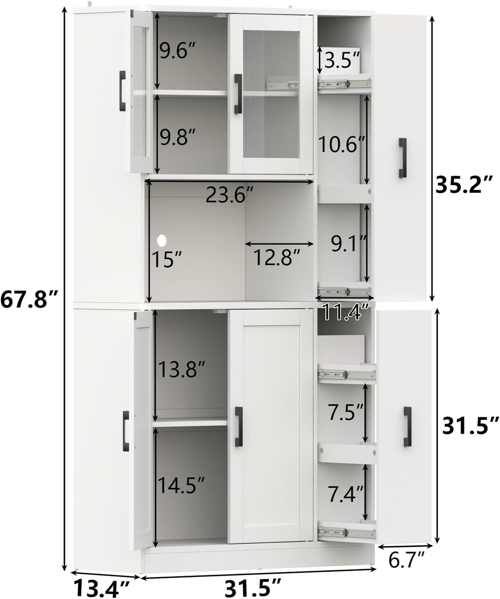 68" Kitchen Pantry Cabinet with Side Drawer, Kitchen Pantry Storage Cabinet | Tall White Pantry with Acrylic Door, Freestanding Food Hutch with Microwave Stand for Dining Room, Kitchen