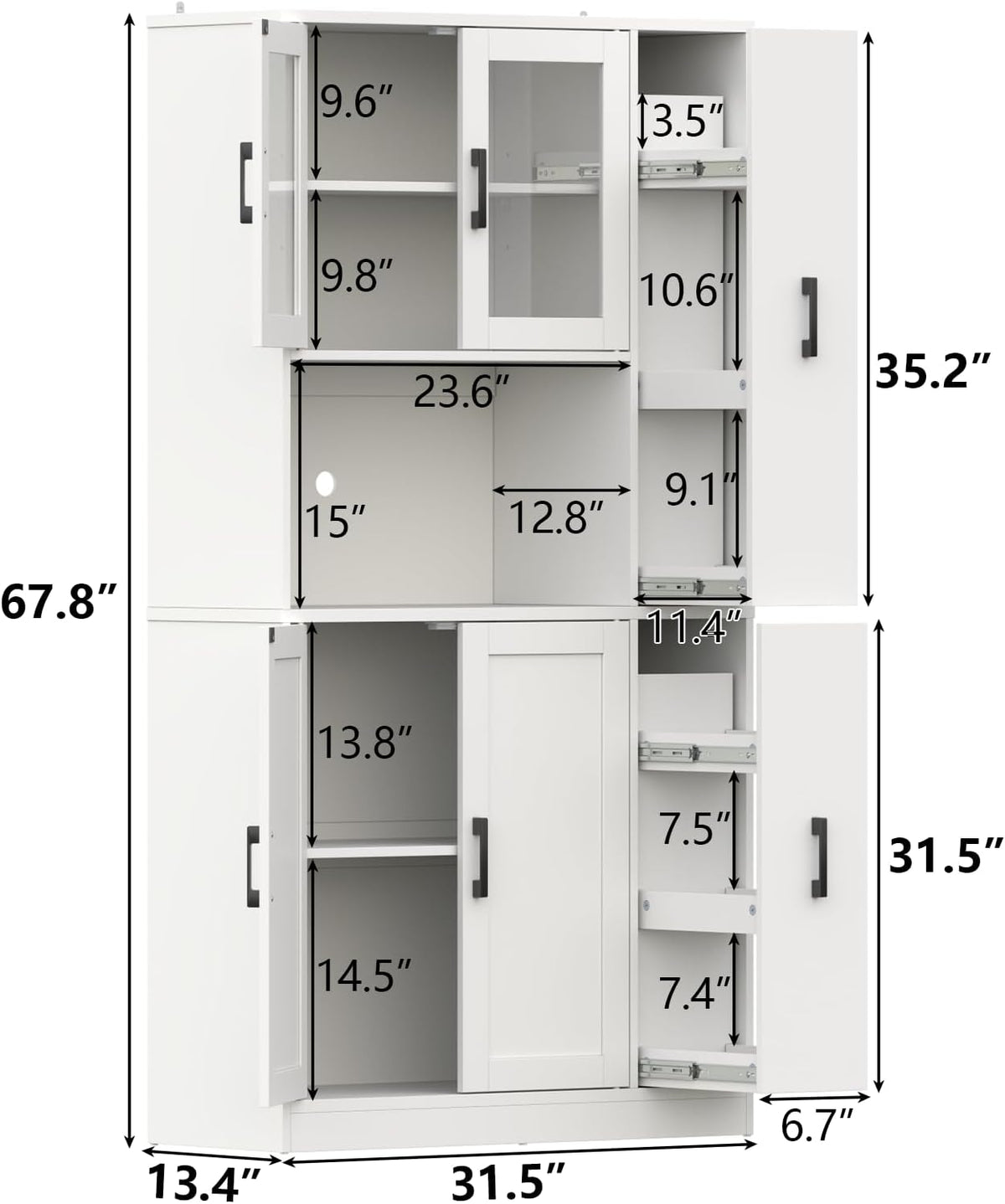 68" Kitchen Pantry Cabinet with Side Drawer, Kitchen Pantry Storage Cabinet | Tall White Pantry with Acrylic Door, Freestanding Food Hutch with Microwave Stand for Dining Room, Kitchen