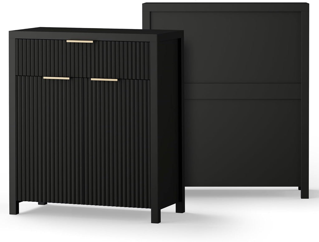 YaFiti Storage Cabinet Fluted Sideboard Buffet Cabinet with Adjustable Shelves & Quality Wooden Tabletop, Modern Accent Credenza Media Console for Living Room, Entryway, Hallway, Black