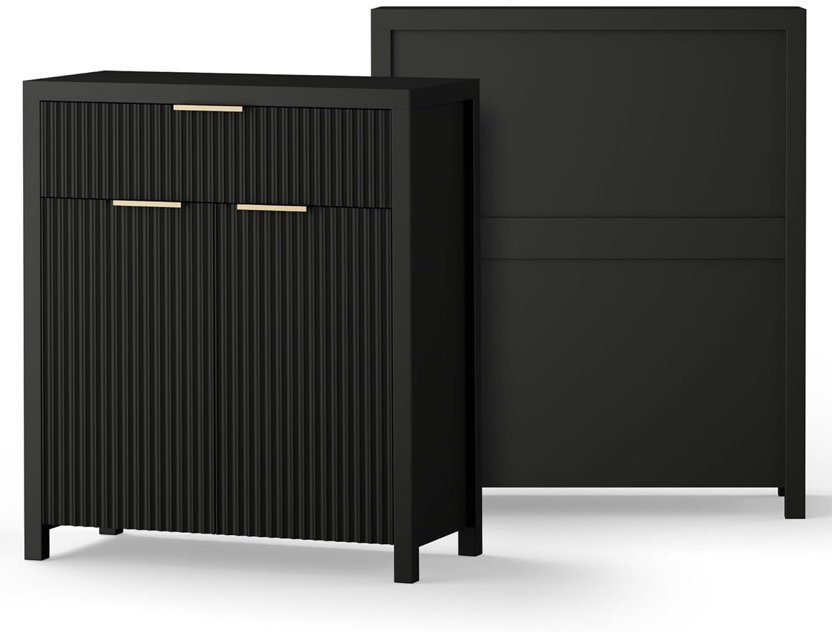 YaFiti Storage Cabinet Fluted Sideboard Buffet Cabinet with Adjustable Shelves & Quality Wooden Tabletop, Modern Accent Credenza Media Console for Living Room, Entryway, Hallway, Black