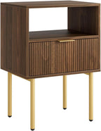 Nightstand,Small Bedside Table with Gold Frame,Walnut Night Stand,Bedside Furniture,Side Table with Drawer and Shelf for Bedroom,Living Room (1Drawer, Walnut)