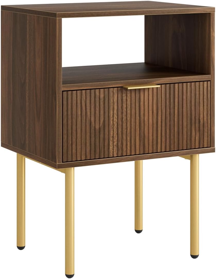 Nightstand,Small Bedside Table with Gold Frame,Walnut Night Stand,Bedside Furniture,Side Table with Drawer and Shelf for Bedroom,Living Room (1Drawer, Walnut)