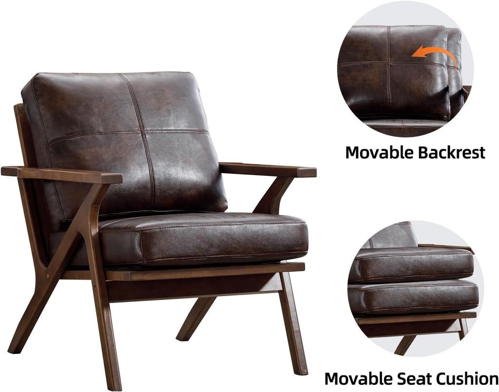 INZOY Mid-Century Modern Accent Chair with Wood Frame Set of 2, PU Leather Living Room Chair and Soft Thick Padded Armchair for Living Room Bedroom Reception with Removable Upholstered Cushions, Brown