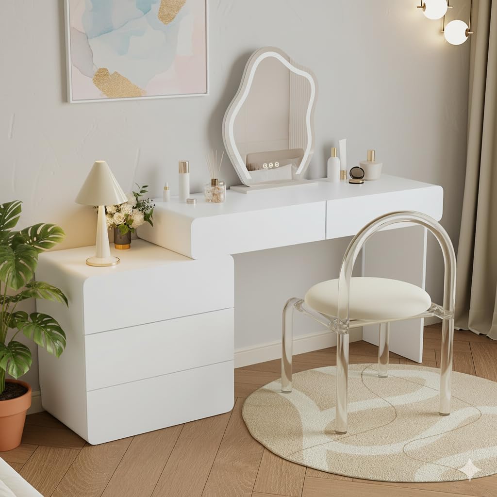 IKuinen White Makeup Vanity with Mirror and Lights, Vanity Set with Free Retractable Side Cabinet, Dresser Table with 5 Solid Wood Drawers, Luxury Dressing Table with Stylish Stool