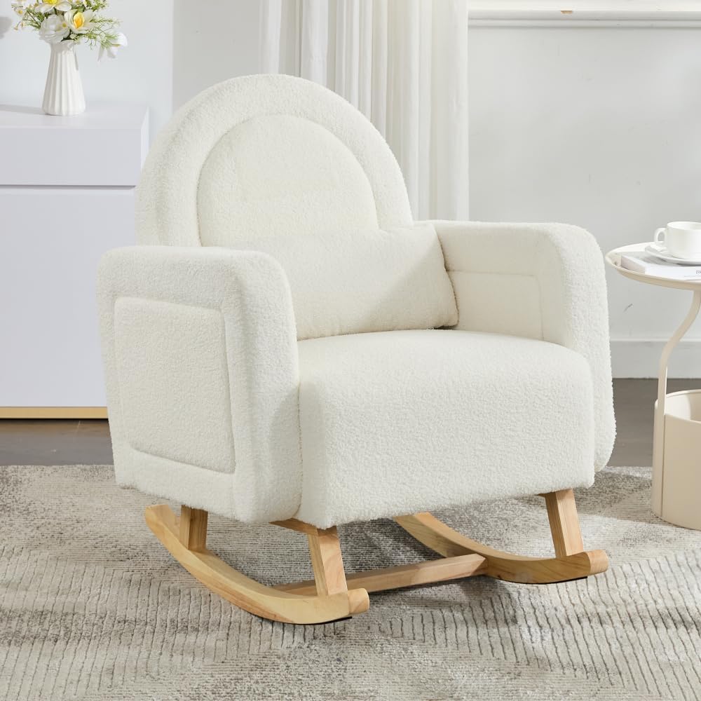 Accent Rocking Chair with Pillow, Ultimate Comfort for Your Home, Teddy Velvet, Cream White (Cream White + Teddy + Rubberwood-1)