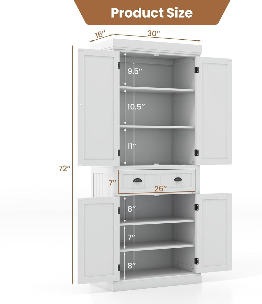 Giantex Pantry Organizers and Storage, 72" Tall Kitchen Cabinet with 2-Door Cabinets & Drawer, Buffet Sideboard w/Adjustable Shelves, Wooden Freestanding Cupboard for Dining Room Living Room (White)