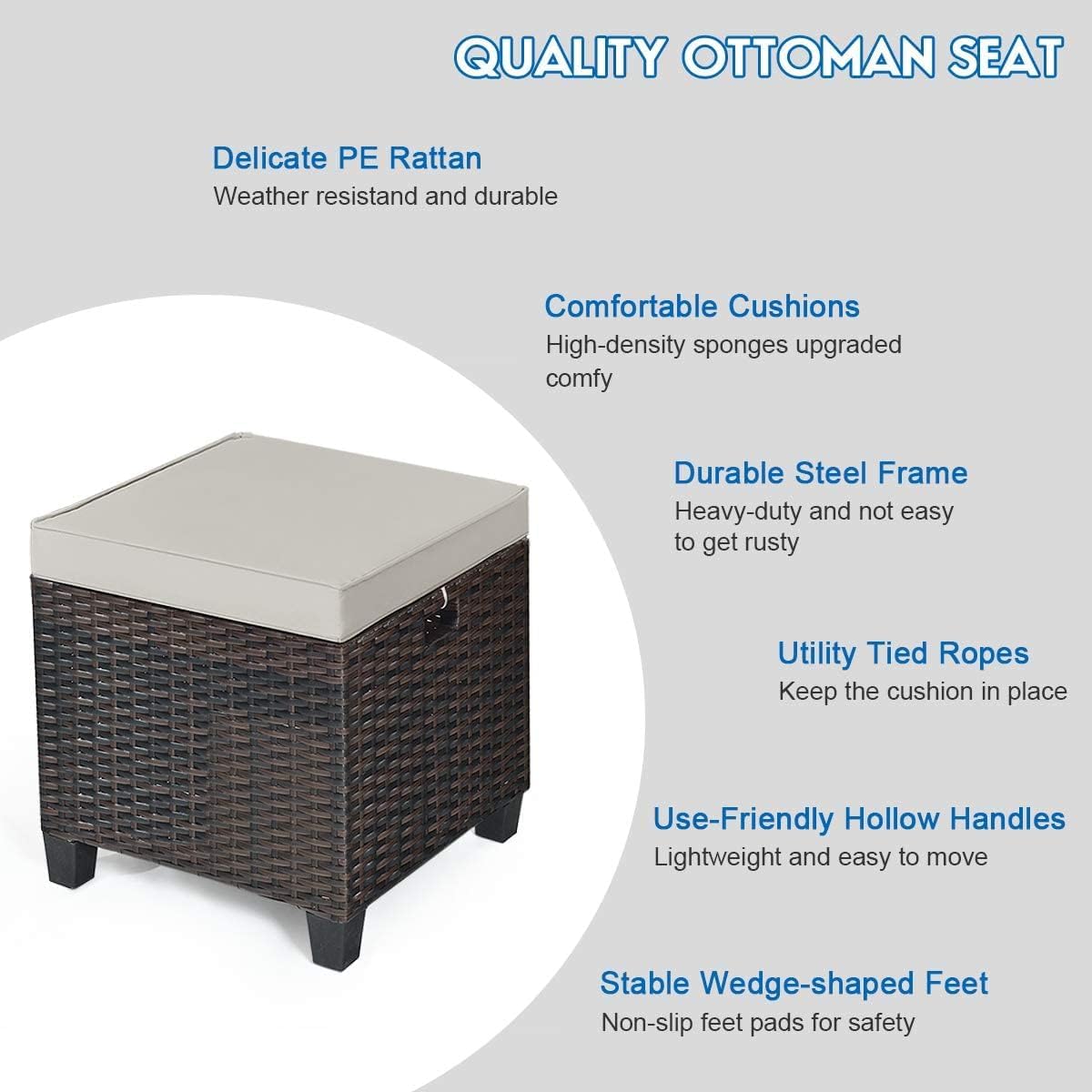 DORTALA Outdoor Ottoman Wicker 2 Piece, Patio Ottomans PE Rattan Foot Rest with Cushion for Couch, Chair, Brown