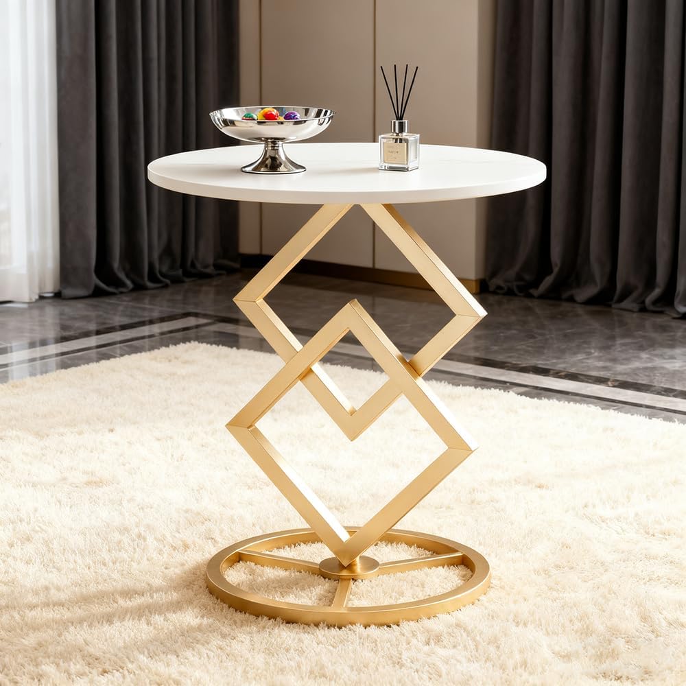 Boho Round Side Table Living Room, Luxurious Marble Desktop end Tables with Simple Aesthetic Metal Base, Modern Decor Bedside nightstand Coffee Snack Table for Bedroom Sofa Patio Balcony
