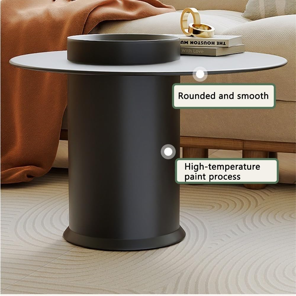 Modern Round Coffee Table with Tempered Glass Top, Small Metal Accent End Table with Tray Design for Living Room, Bedroom, or Office, 23.6''W* 17.7''H(White B)
