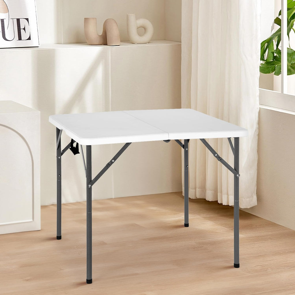 34" Square Folding Card Table, Fold-in-Half Utility Dining Portable Tables Heavy Duty HDPE Plastic Foldable Table with Carrying Handle Indoor Outdoor for Picnic, Camping, Party, White