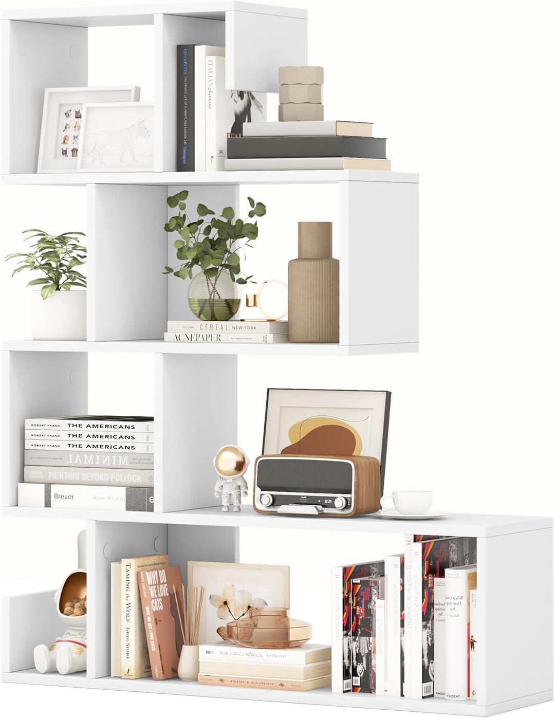 GIANTEX 5-Tier S-Shaped Bookshelf, Geometric Bookcase w/Open Cubes, Modern Decorative Display Shelf w/Anti-Toppling Kits, Freestanding Storage Rack for Living Room, Study, Home, Office, White