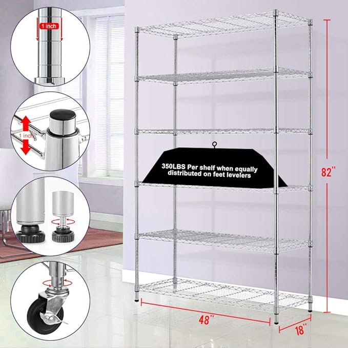 PayLessHere 6 Tier Commercial Grade Wire Shelving Unit Metal Shelf Organizer Heavy Duty Storage Unit Wire Rack NSF Certification 2100LBS Capacity with Wheels-18x48x72
