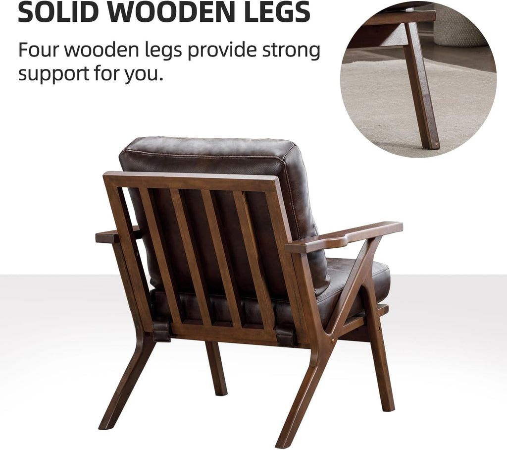 INZOY Mid-Century Modern Accent Chair with Wood Frame Set of 2, PU Leather Living Room Chair and Soft Thick Padded Armchair for Living Room Bedroom Reception with Removable Upholstered Cushions, Brown