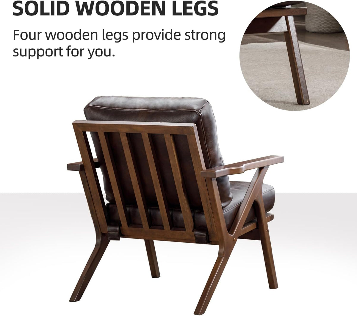 INZOY Mid-Century Modern Accent Chair with Wood Frame Set of 2, PU Leather Living Room Chair and Soft Thick Padded Armchair for Living Room Bedroom Reception with Removable Upholstered Cushions, Brown