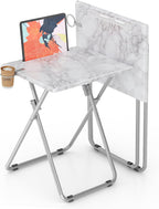 TV Tray Table,Folding Table with Cup Holder Portable,Foldable Snack Tray for Eating,Small Folding Tables Set of 2,Dinner Tables for Couch, Living Room,Small Space (White Marble,2Pcs)