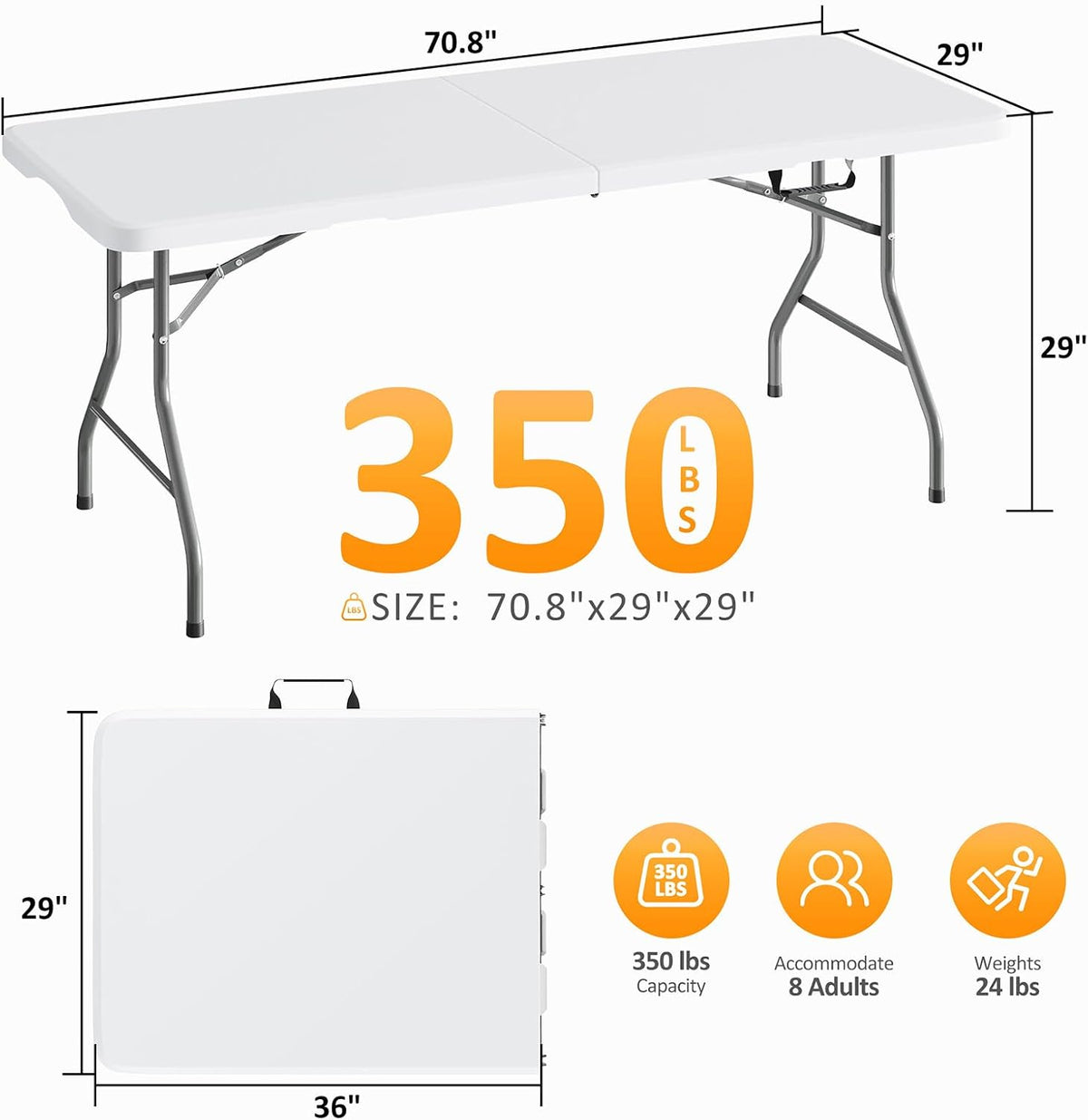 Fenbeli Upgraded 18% Thickened Folding Table 6ft Made of HDPE Plastic | Heavy Duty (25lb), Stable Thicker Legs, Dining Indoor Outdoor for Camping, Picnic and Party (Pearl White, 6FT)