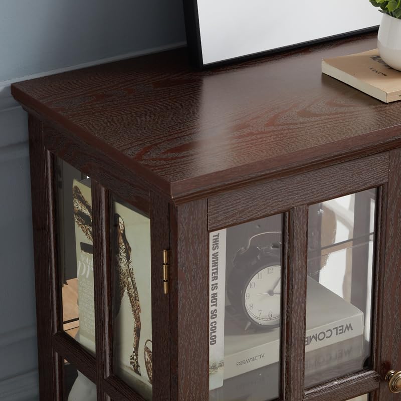 KEIKI Lighted Curio Cabinet, Glass Display Cabinet with 2 Doors & Adjustable Shelves, LED Light Strip, Cherry