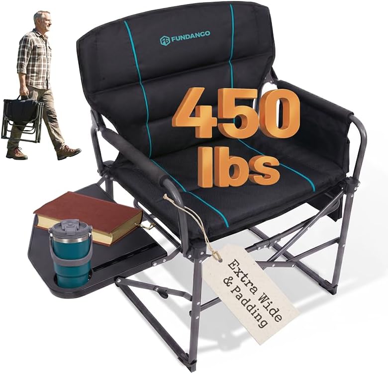 FUNDANGO Oversized Folding Chairs for Outside, Fully Padded Camping Director Chair for Adults, Support 450lbs Portable lawn chairs with Side Table, Side Pockets for outdoor Camp, Picnic, Lawn, Concert