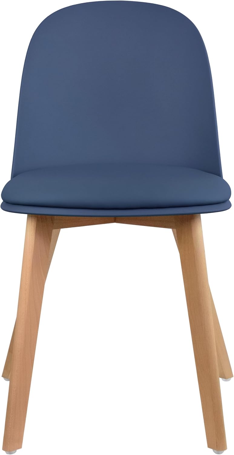 2xhome Set of 2 Modern Armless Dining Chairs | Plastic Shell with PU Leather Cushion Padded Seat and Wooden Legs | Indoor or Outdoor Use | Home Kitchen Patio, Blue
