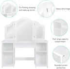 GOFLAME Kids Vanity Table, 2 in 1 Detachable Design with Dressing Table and Writing Desk, Princess Style, White MDF and Plastic Mirror, 42"×16"×46" (L×W×H), 2 Oversized Shelves, 3-Panel Mirror