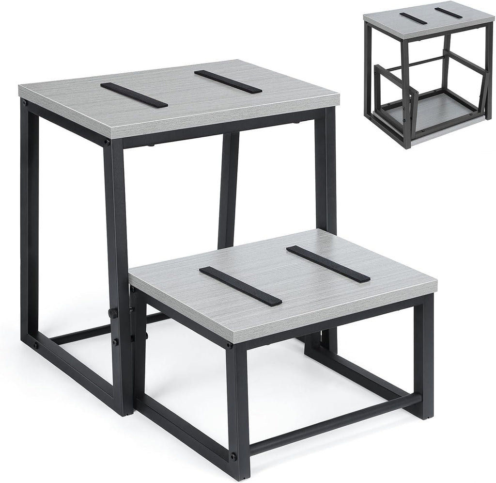 LIANTRAL 2 Step Stool for Adults, 2 in1 Foot Stool for High Bed, Kitchen,RV | Heavy Duty, Non-Slip, Steel Frame & Wooden Steps, 500lbs Load Capacity, Gray