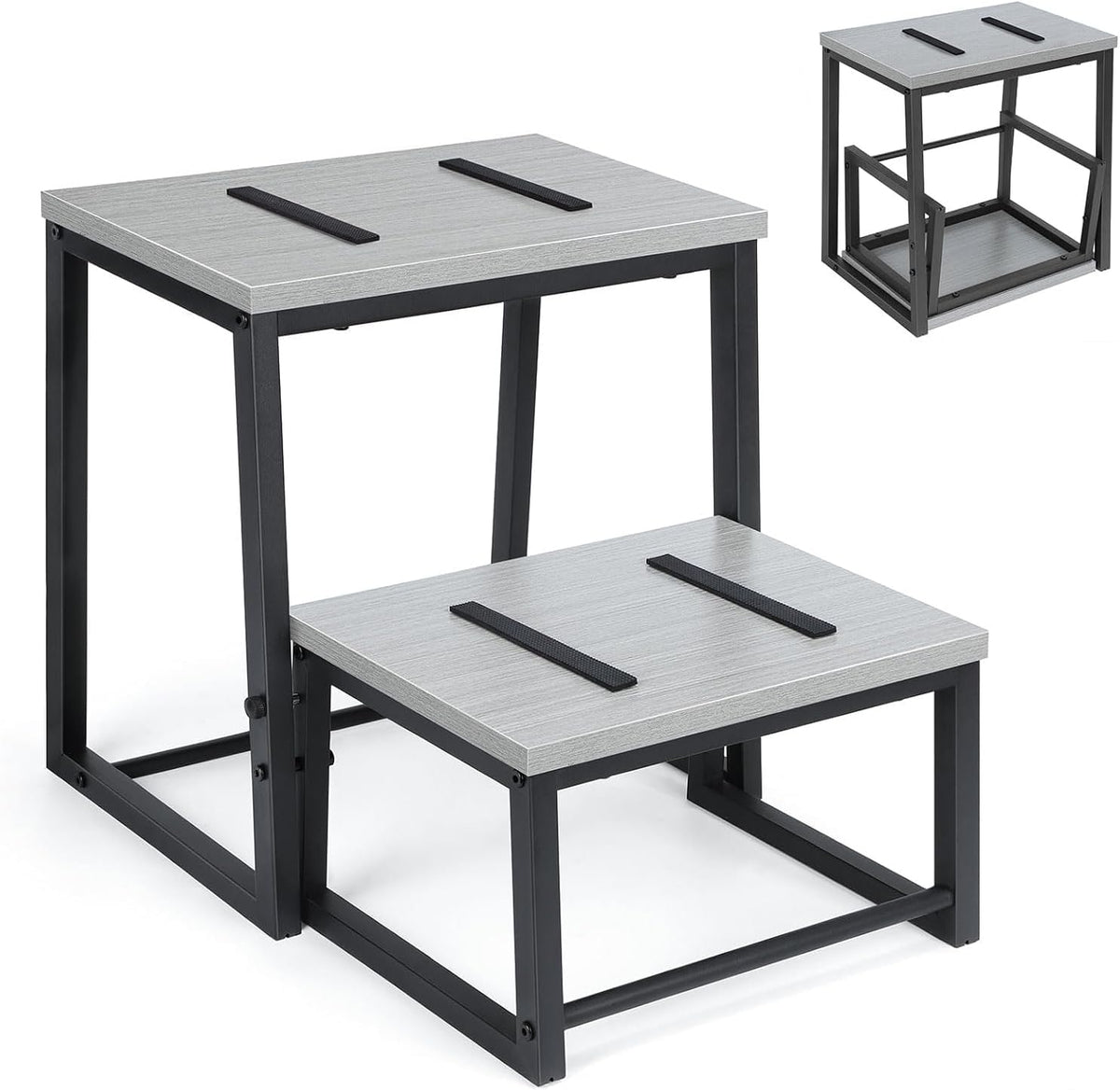 LIANTRAL 2 Step Stool for Adults, 2 in1 Foot Stool for High Bed, Kitchen,RV | Heavy Duty, Non-Slip, Steel Frame & Wooden Steps, 500lbs Load Capacity, Gray
