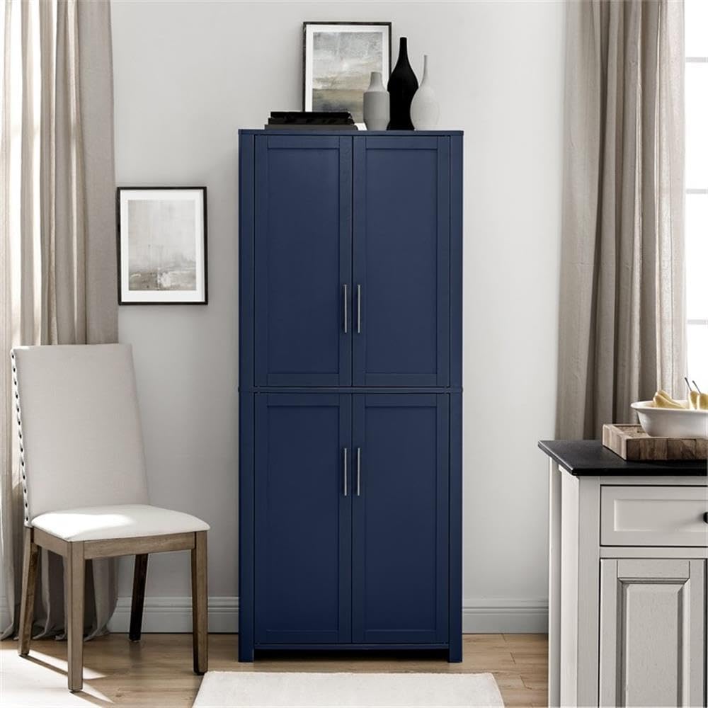 Pemberly Row Traditional Wood Kitchen Storage Pantry, Navy Finish, MDF and Birch Veneer, 67" H x 28" W x 15" D, Adjustable Shelves, Shaker-Style Doors, Brushed Nickel Hardware, Home and Kitchen