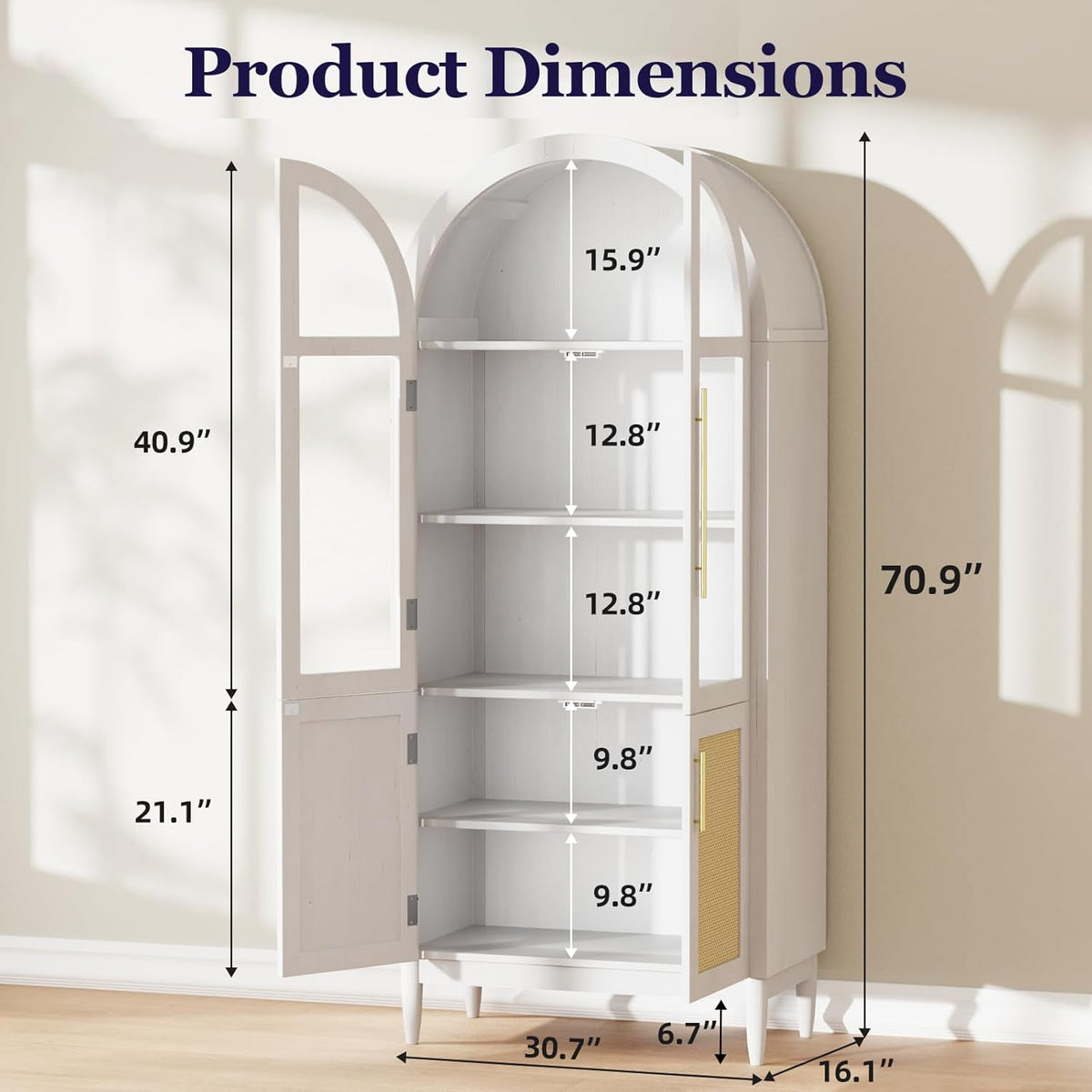 71" Tall Arched Cabinet with Glass Doors, Kitchen Pantry Storage Cabinet with Dust-Proof Rattan, 5-Tier Curio China Cabinet with Adjustable Shelves for Living Room Dining Room, White