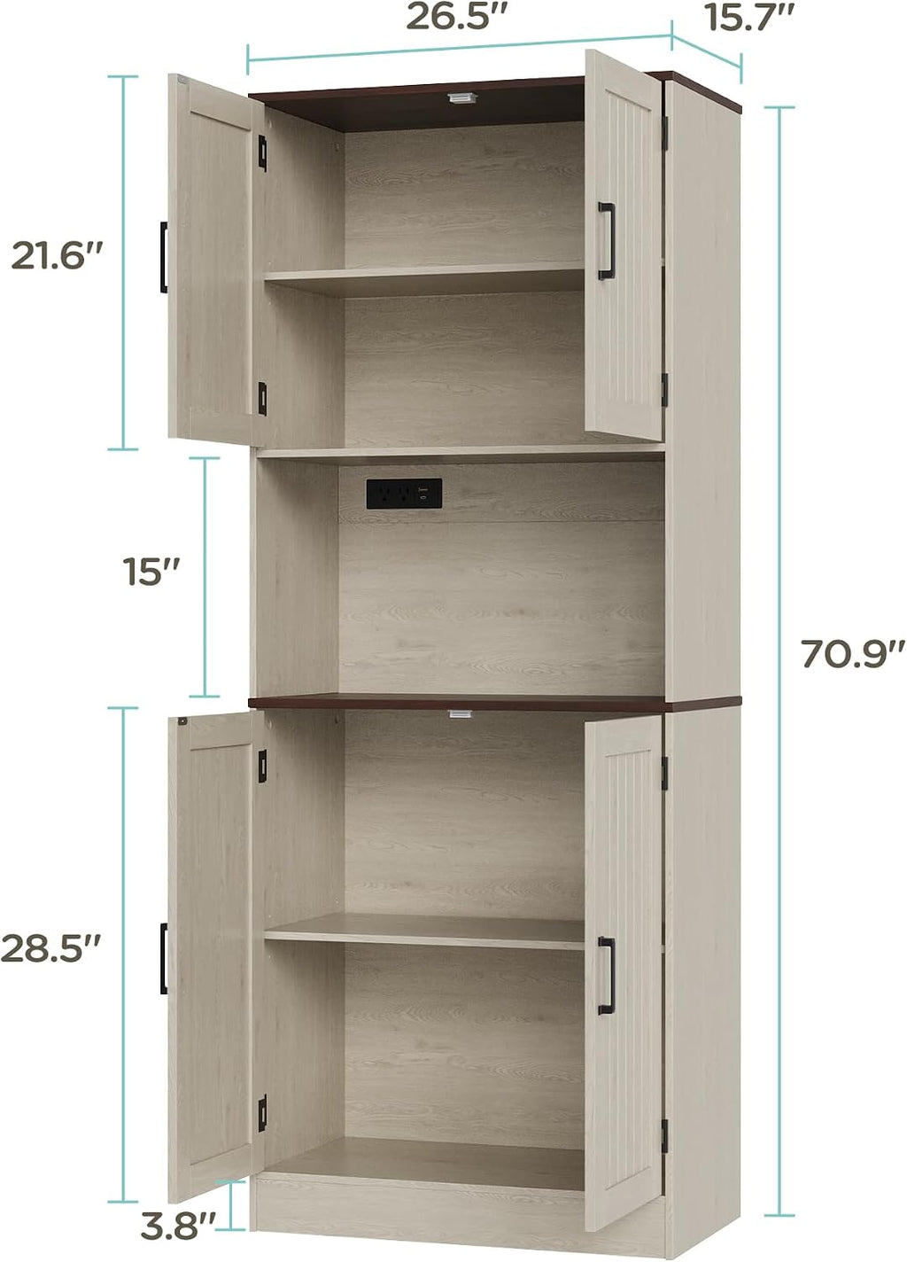 MHOM 71" Tall Pantry Cabinet with Charging Station, Farmhouse Kitchen Hutch with Adjustable Shelves, Modern Kitchen Pantry Storage Cabinet for Dinning Room & Living Room, Antique Oak