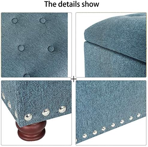 24’’ Rectangular Upholstered Storage Ottoman for Living Room | Fabric Foot Stool with Nail-head Trim- Chests and Organizers , Load Up to 350 lb, Lake Blue
