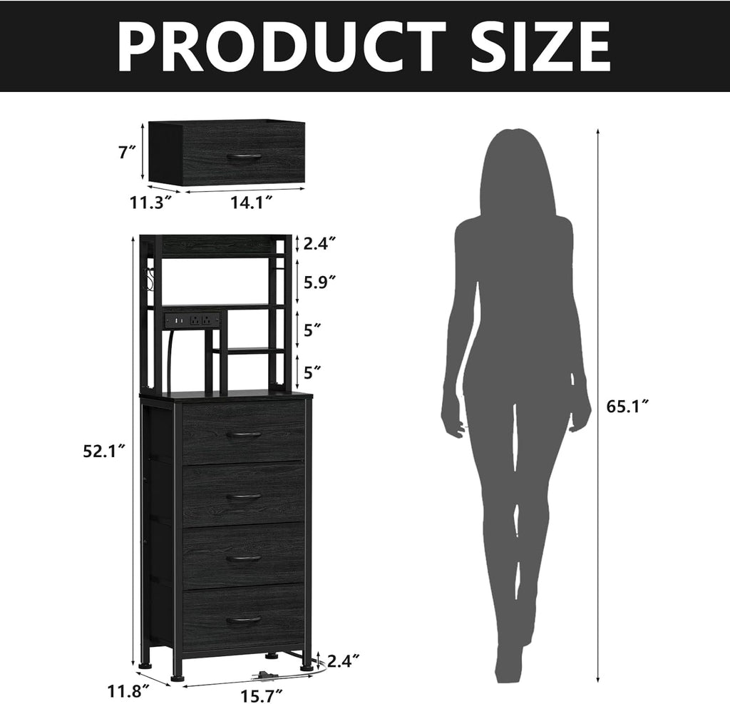 Furnulem Tall Nightstand, LED Night Stand with Charging Station | USB Ports, 4 Fabric Drawers and 4 Tier Storage Shelf, Nightstands Bedside Tables for Bedroom, Dorm, Office (Black Oak)