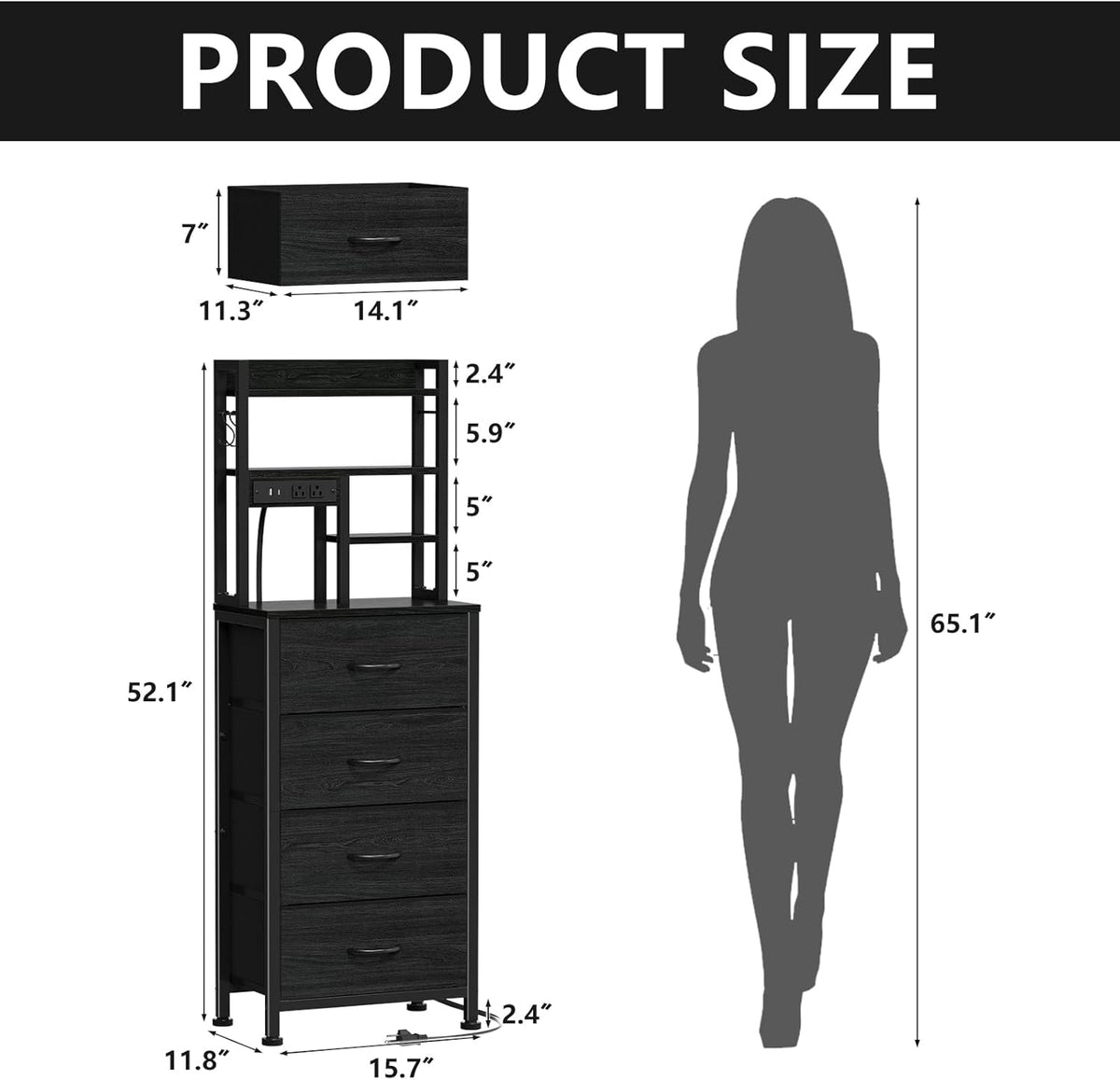 Furnulem Tall Nightstand, LED Night Stand with Charging Station | USB Ports, 4 Fabric Drawers and 4 Tier Storage Shelf, Nightstands Bedside Tables for Bedroom, Dorm, Office (Black Oak)