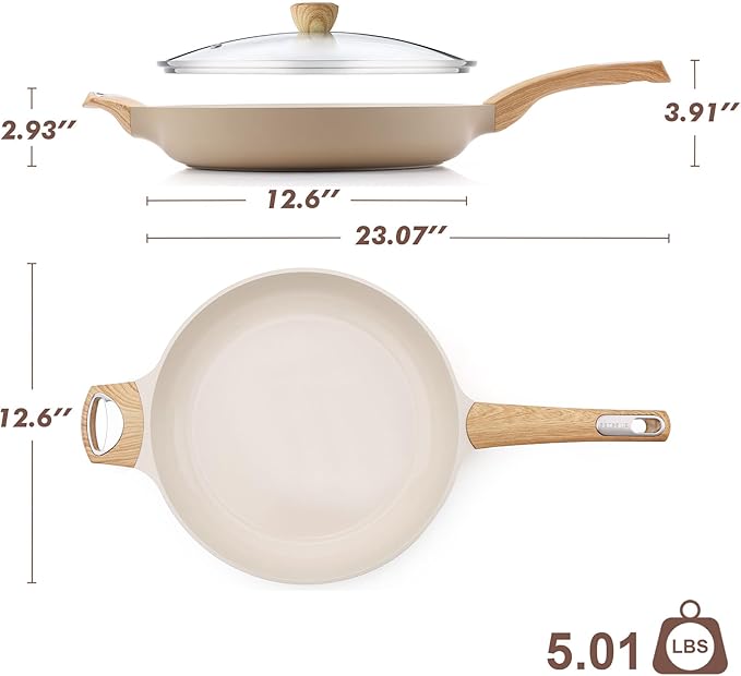 SENSARTE Ceramic Nonstick Frying Pan Skillet with Lid 12.5Inch Large Non Stick Non-toxic Healthy Kitchen Cooking Chef's Pan, Free of Intentionally Added PFOA/PFAS/PTFE, Induction Compatible