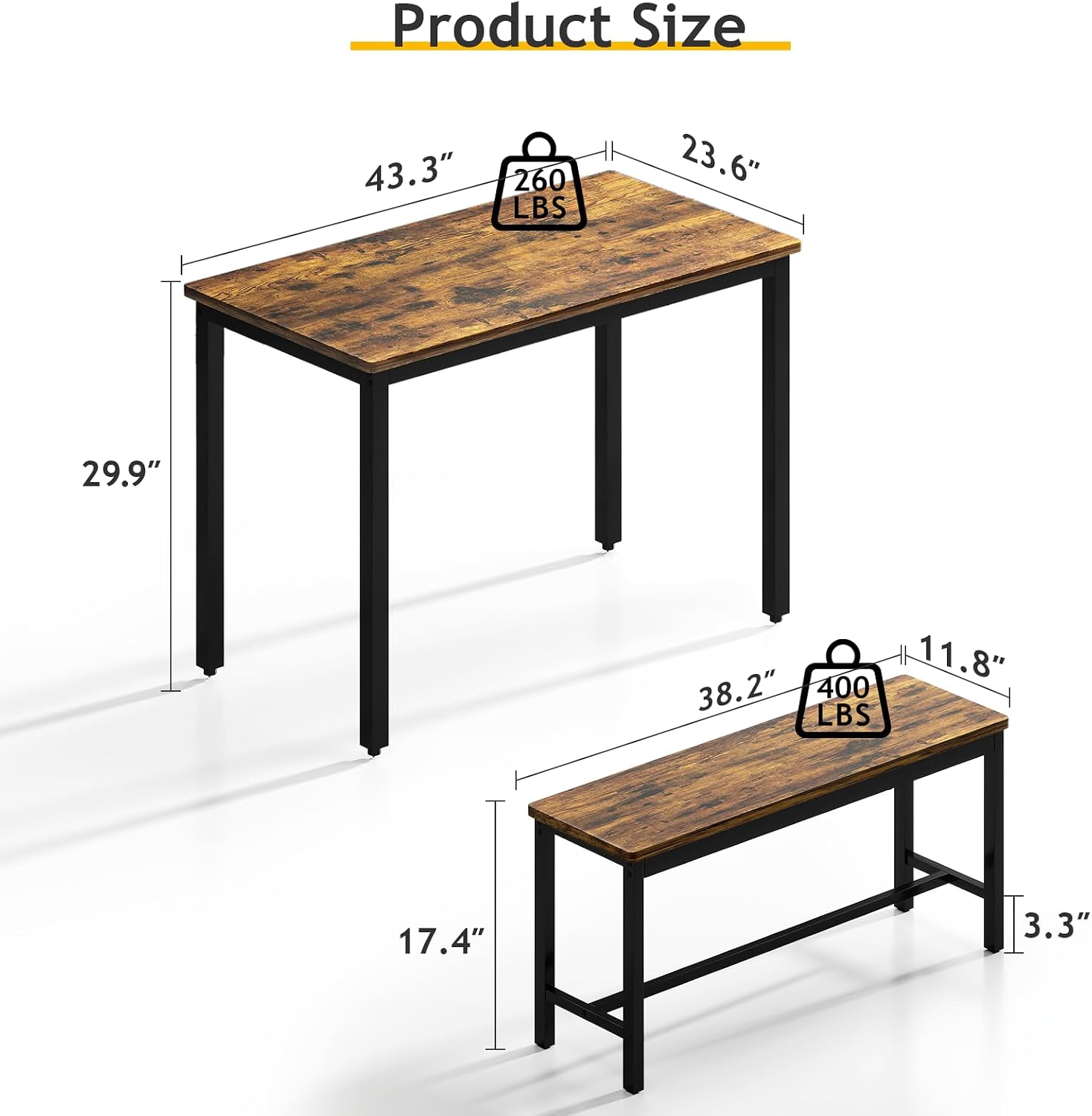 Rovibek 43" Dining Table Set for 4, Modern Space Saving Kitchen Breakfast Table with Benches & Adjustable Feet, Wooden Industrial Style Farmhouse, Wood Tone