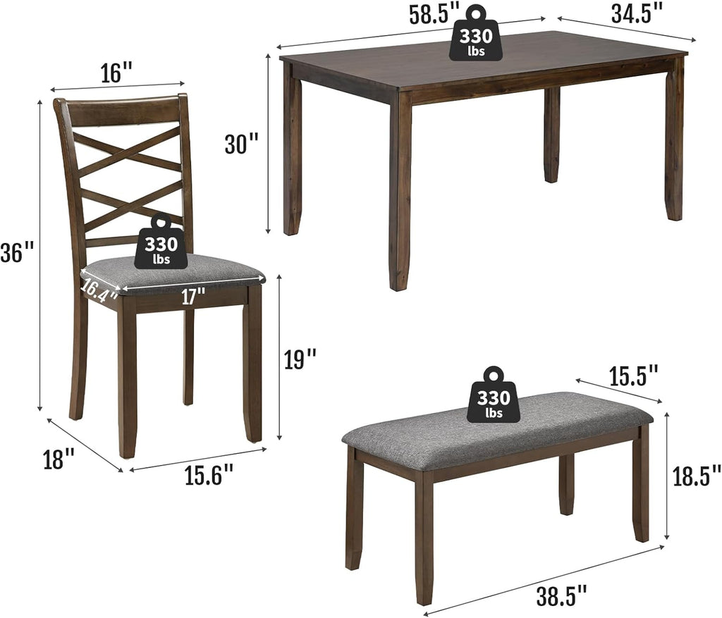 Zevemomo 6-Piece Solid Wood Dining Table Set, Includes 1 Dining Table, 4 Upholstered Chairs and 1 Bench, Wooden Legs Dining Table Set for Dining Room, Kitchen, Restaurant, Walnut