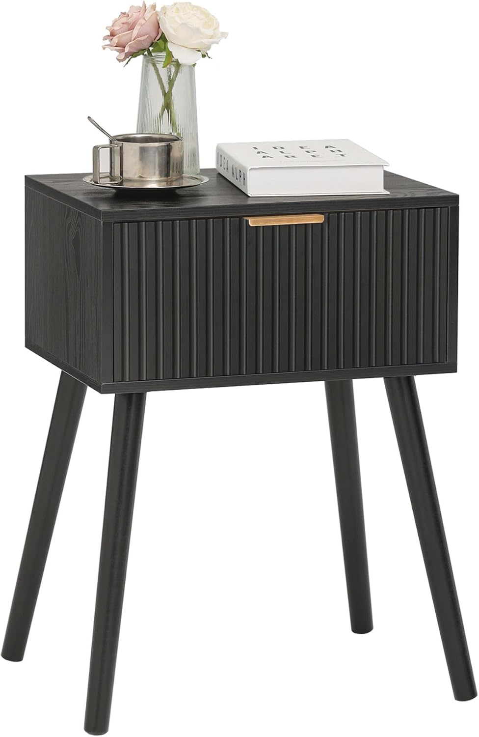 AWASEN Black Nightstand, Small End Tables Living Room, Accent Bedside Table with Fluted Drawer for Bedroom and Small Space, Black